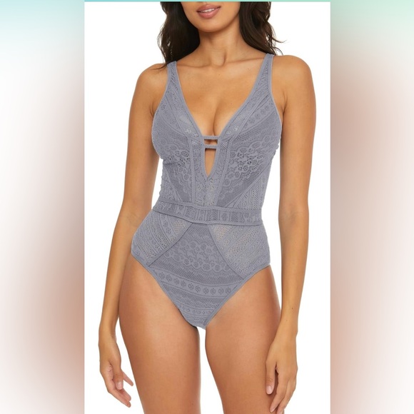 BECCA Color Play - Women's One Piece Swimsuit, Plunge Neck, Crochet, Medium - Picture 4 of 9